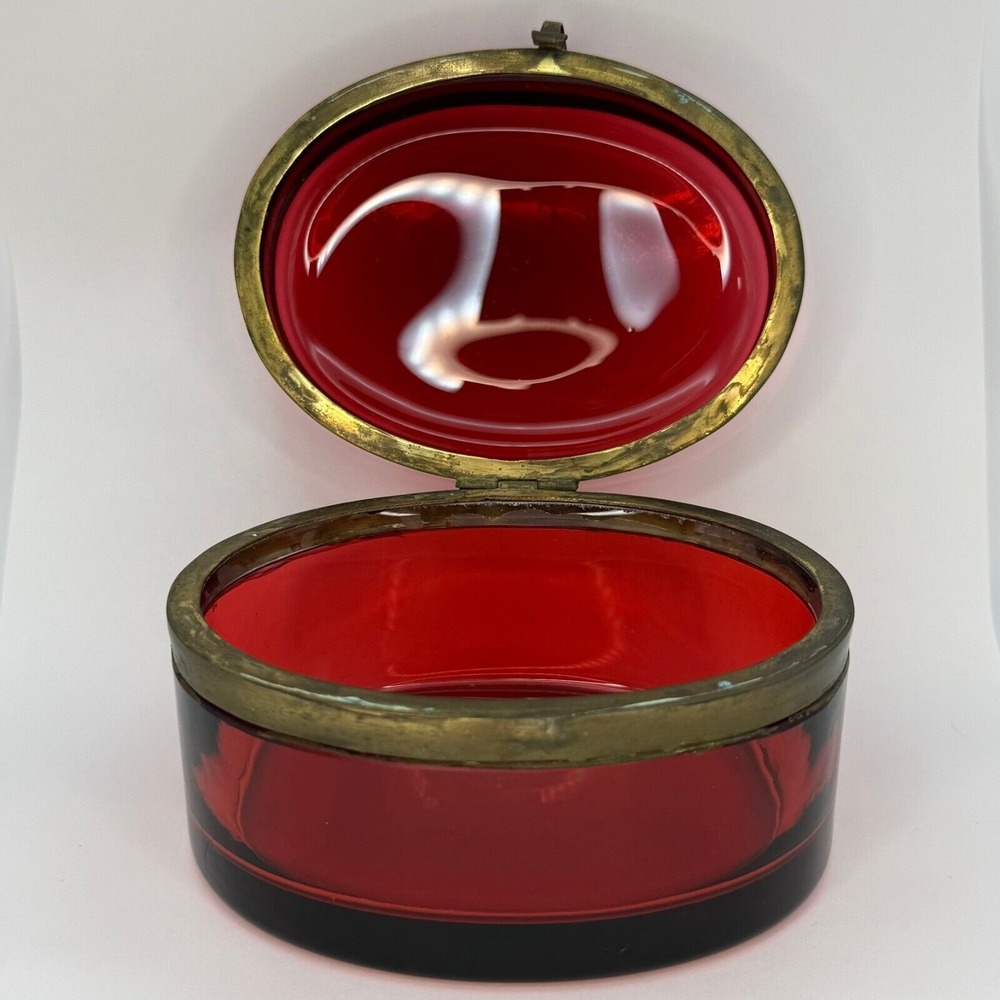 Antique Red Cranberry Crystal Hinged Casket Box Bohemian‎ French Brass Oval Rare - Picture 2 of 14